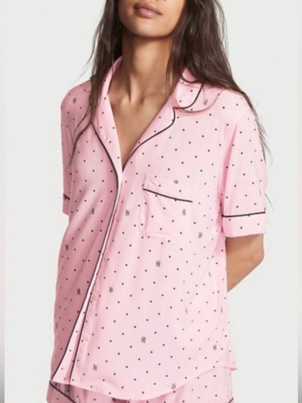 Unbranded Pink Short-Sleeve Button Pajama Shirt with Black Trim